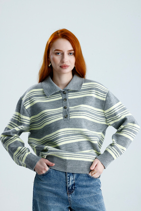 Rawanda Çizgili Polo Yaka Triko Kazak