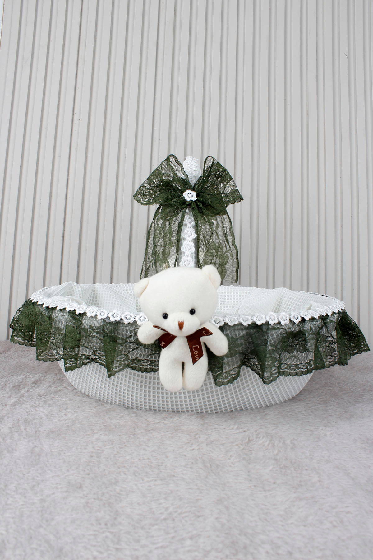 Khaki Green Lace Bear Baby Basket - Baby Shower, Newborn, Mevlüt, Forty Flying, Gift