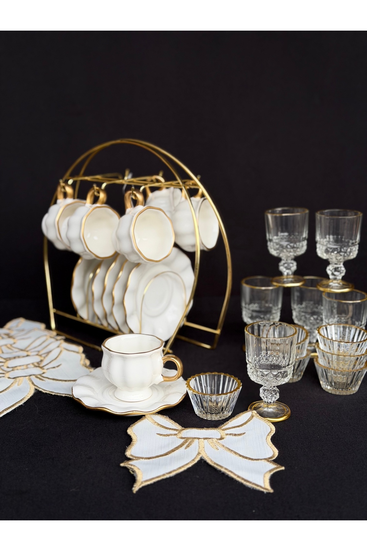 31 parça 6 Kişilik Kanvas Lüks Kahve Sunum Seti Full Set