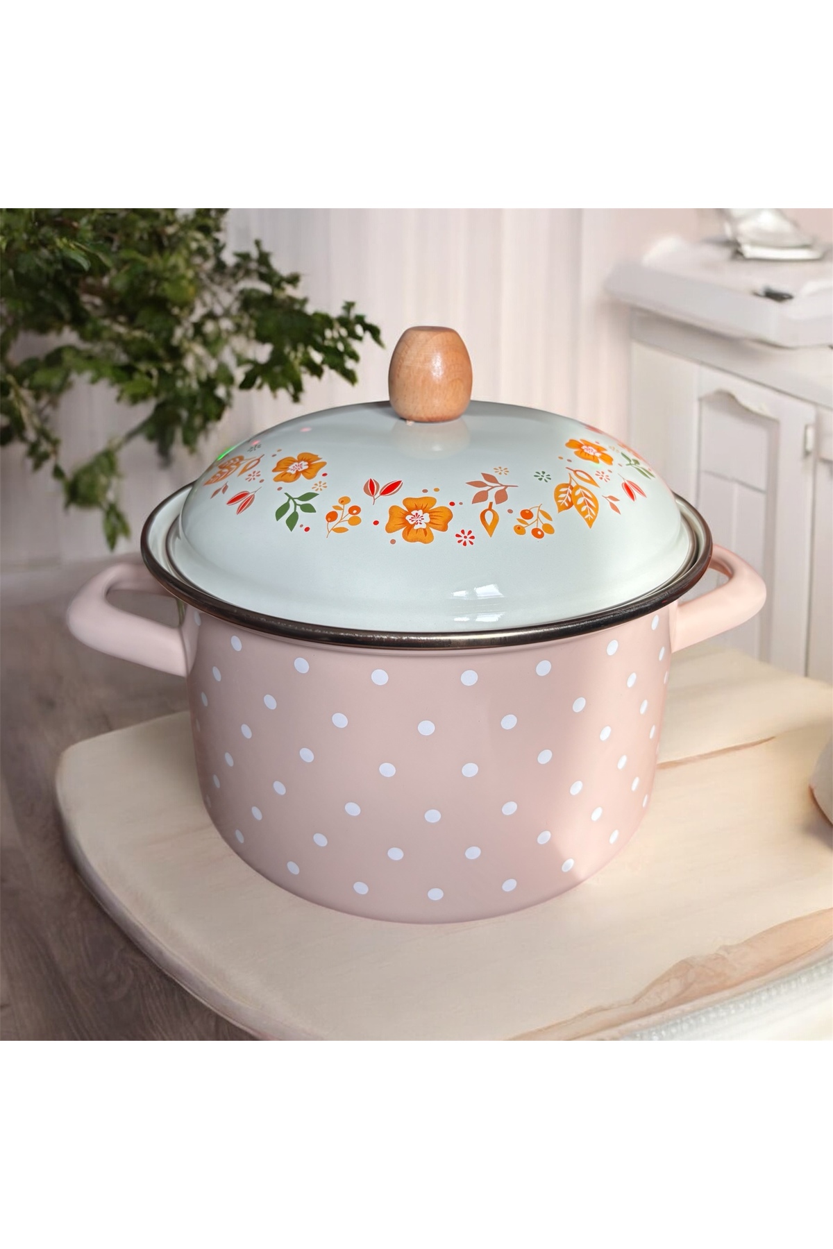 3 liters Floral Patterned Enamel yogurt fermentation Pot –20 cm Powder Pink (with wooden handles)