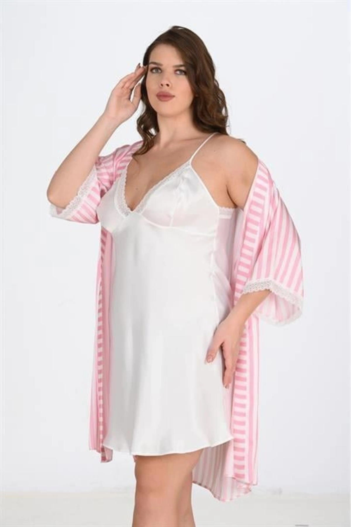 mtm My The Mall Giyim 2'li Beyaz-pembe Sabahlık Takımı Bigsize 6210