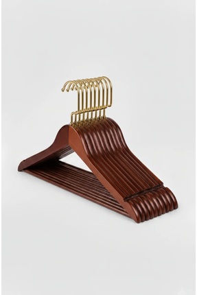 ÖZKAHRA TEKSTİL 12li Ahşap Elbise Askı Gold Kancalı Ultra Lüks Ceviz Ahşap Askı