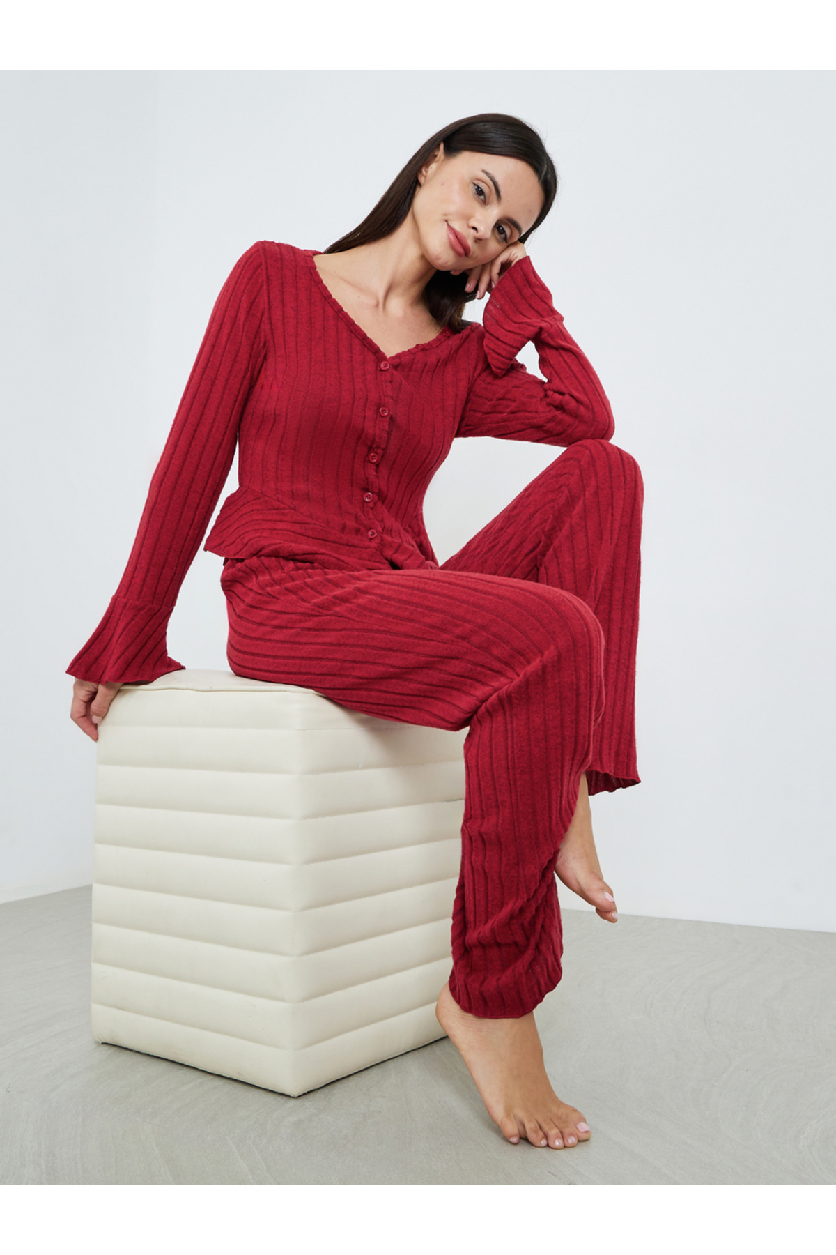 Styli Women Burgundy Ribbed Top and Pyjama Set