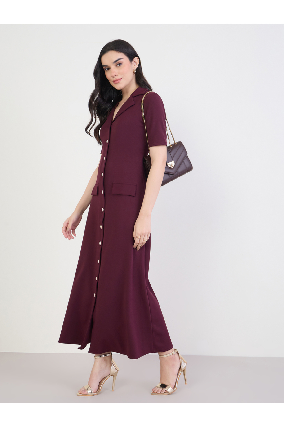 Styli Women Burgundy Maxi Dress with Buttons
