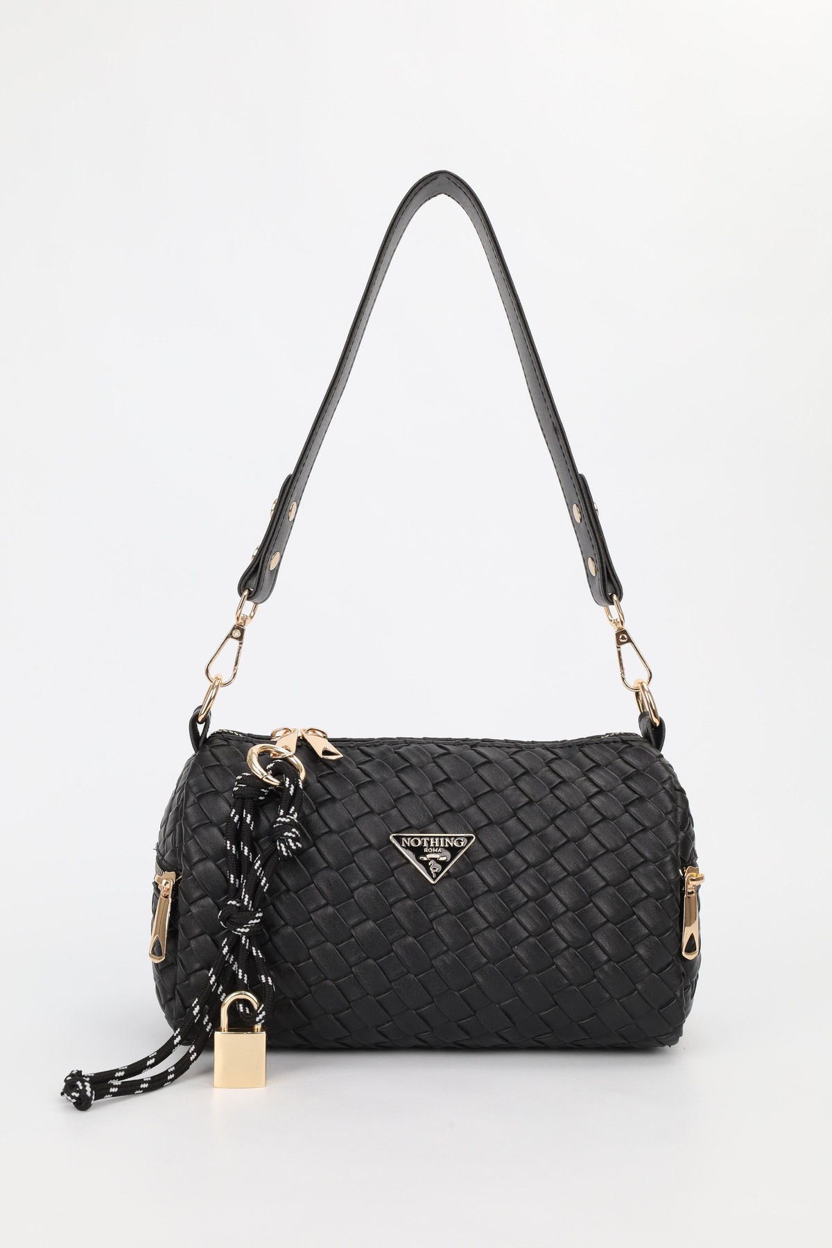 Women's Braided Black Lock Charm Detailed Hand Shoulder and Crossbody Bag Alice