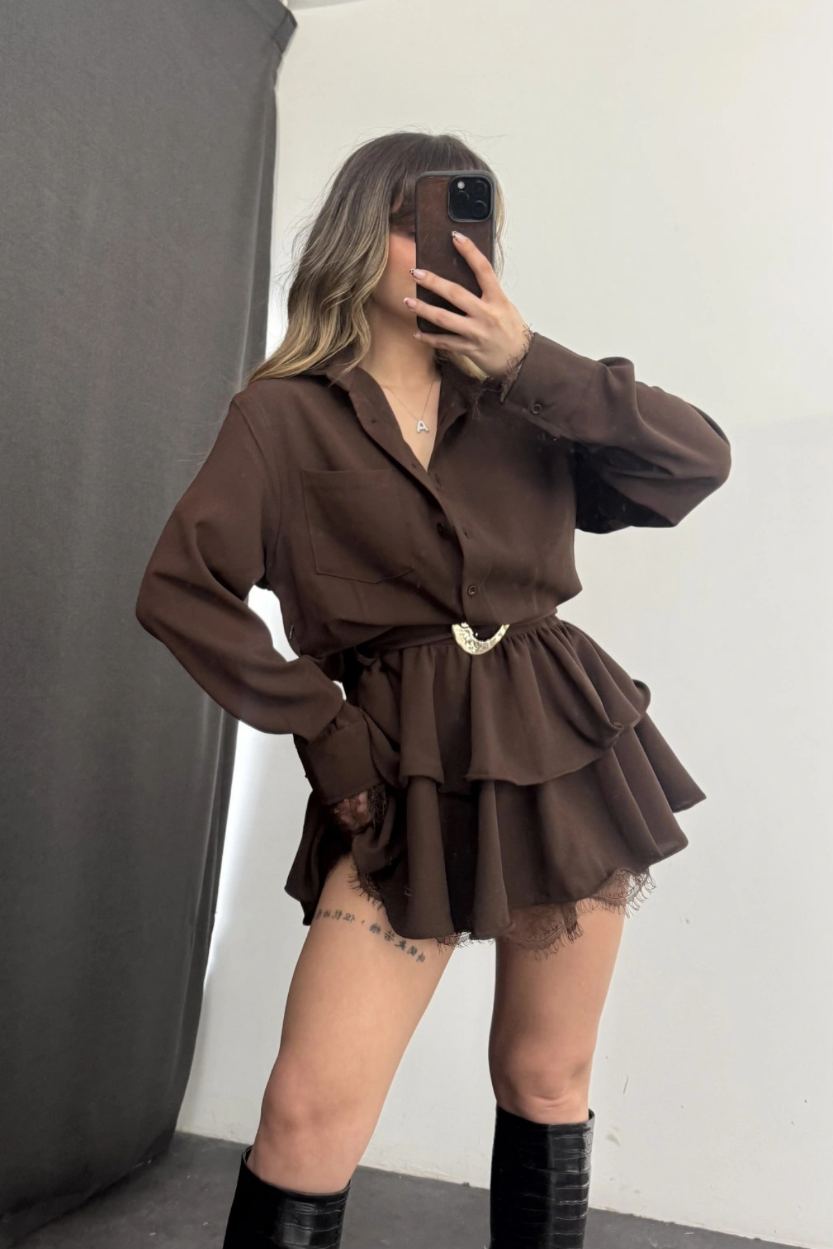 AYKA WEAR Kemer Detaylı Mini Gömlek Elbise görsel 4