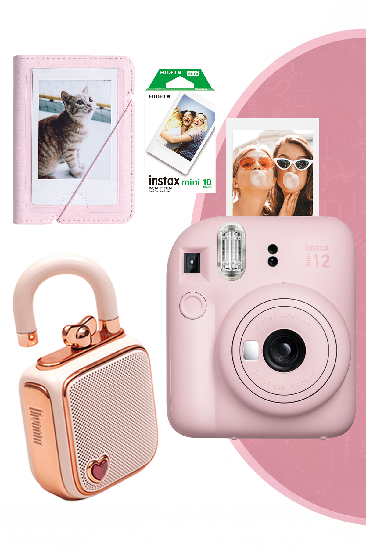 Fujifilm Instax Mini 12 Pembe Fotoğraf Makinesi 28'li Albüm 10'lu Film ve Divoom Lovelock Bluetooth Hoparlör