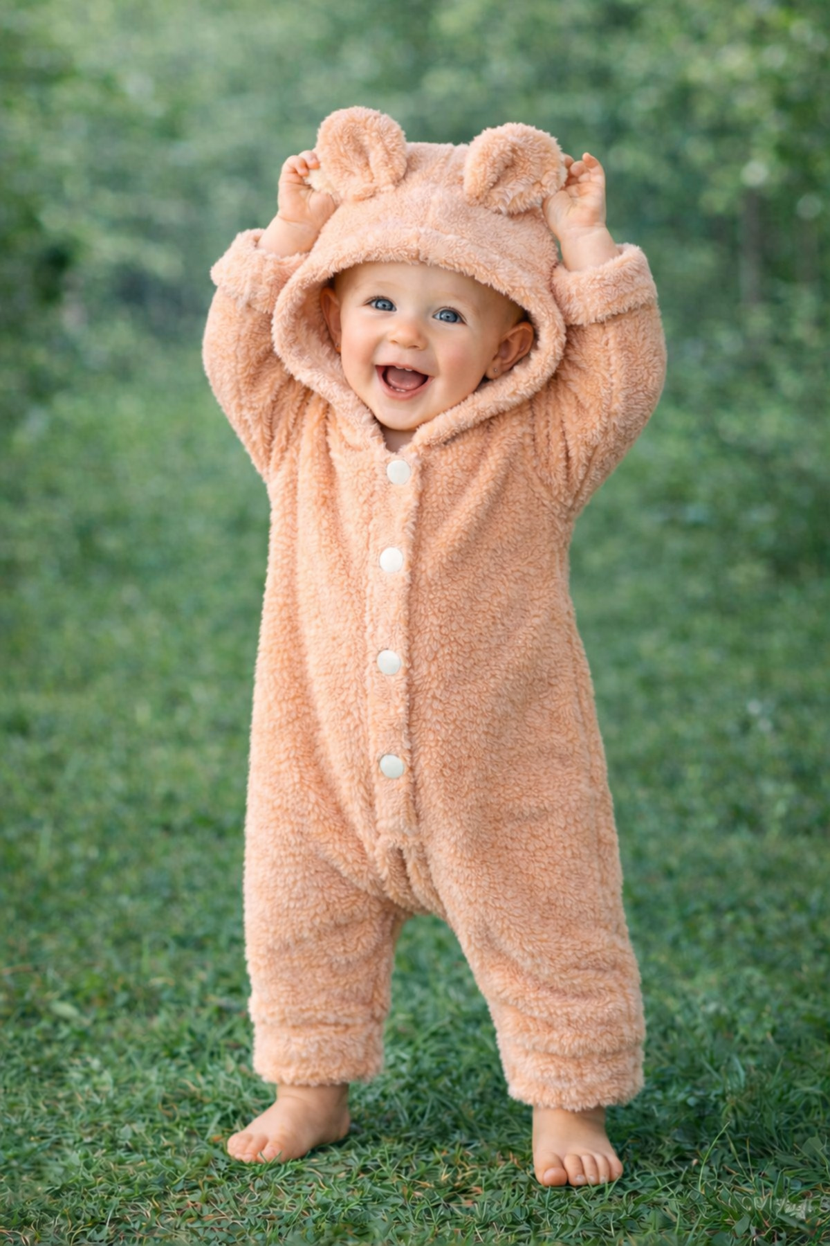 Chicsy Baby Kışlık tatlı Ayıcık Kulaklı Kapüşonlu Peluş Düğmeli Bebek Tulum fotoğrafı 3 (önizleme)