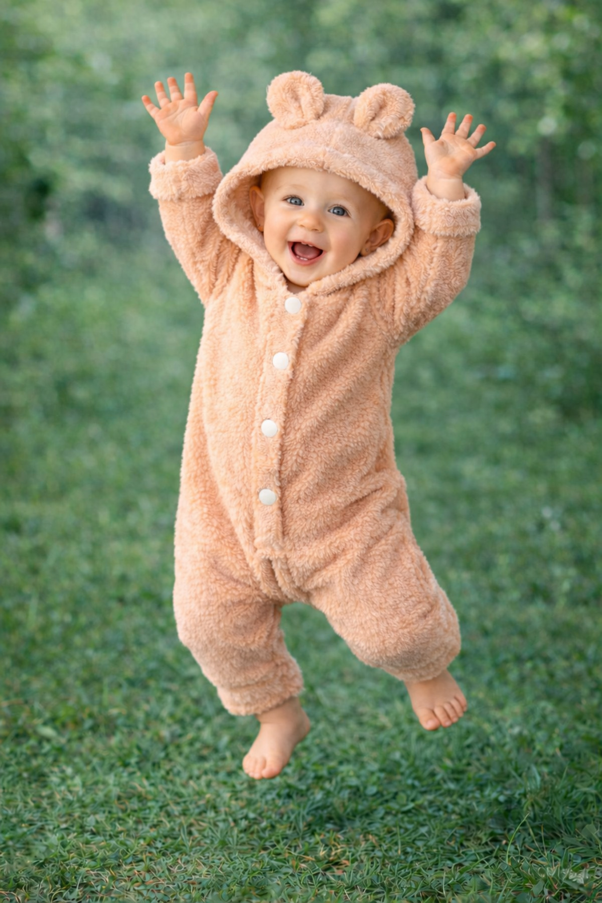 Chicsy Baby Kışlık tatlı Ayıcık Kulaklı Kapüşonlu Peluş Düğmeli Bebek Tulum fotoğrafı 6 (önizleme)