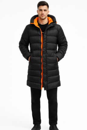 freemen Erkek Su ve Rüzgar Geçirmez Kapüşonlu, Turuncu Astarlı Uzun Kışlık Şi...