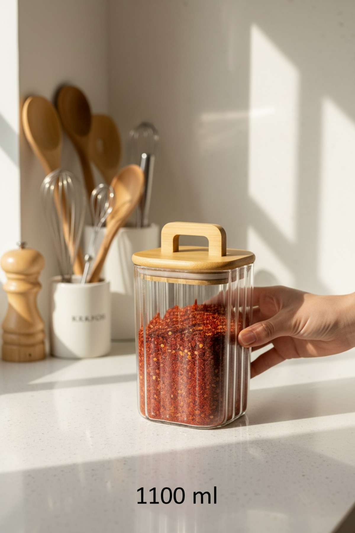 Bambu Kapaklı 1100 ml Line (Çizgili) Cam Saklama Kavanozu