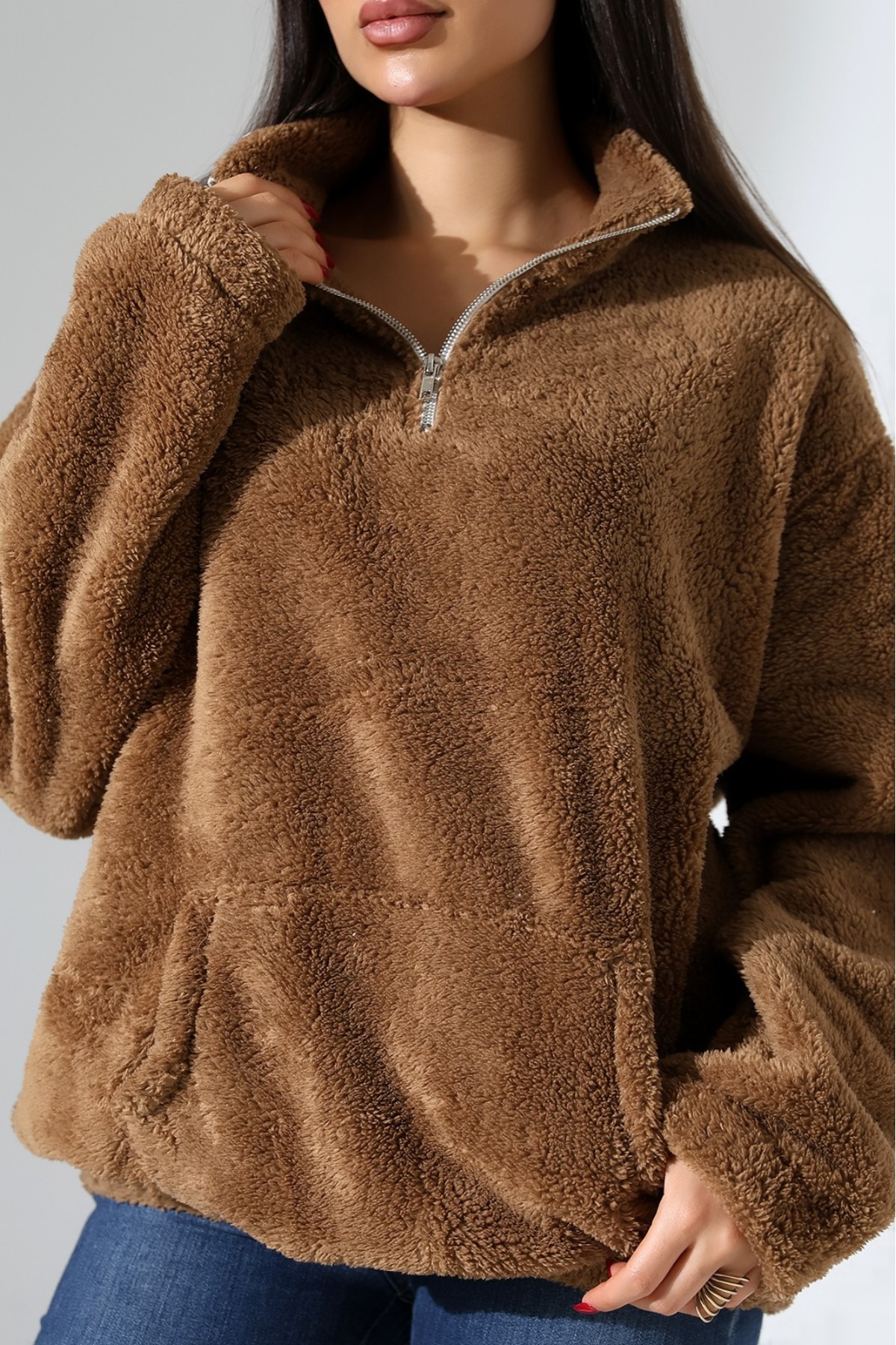 DİVİSTA Kadın Yaka Fermuarlı Uzun Kollu Peluş Sweatshirt görsel 4