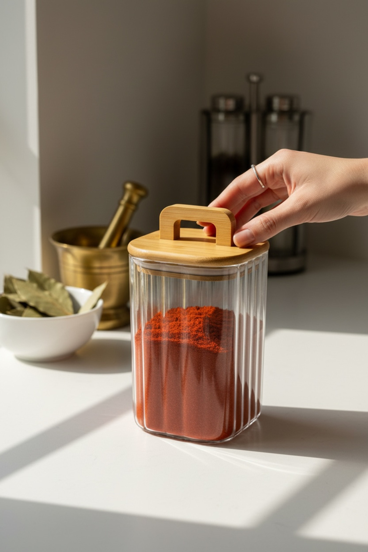 Bambu Kapaklı 1100 ml Line (Çizgili) Cam Saklama Kavanozu