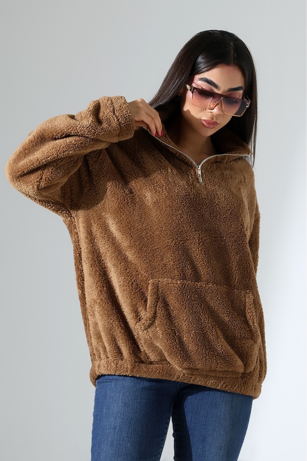 DİVİSTA Kadın Yaka Fermuarlı Uzun Kollu Peluş Sweatshirt görsel 5