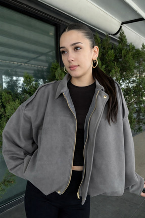 Rich Kadın Gri Oversize Süet Bomber Ceket