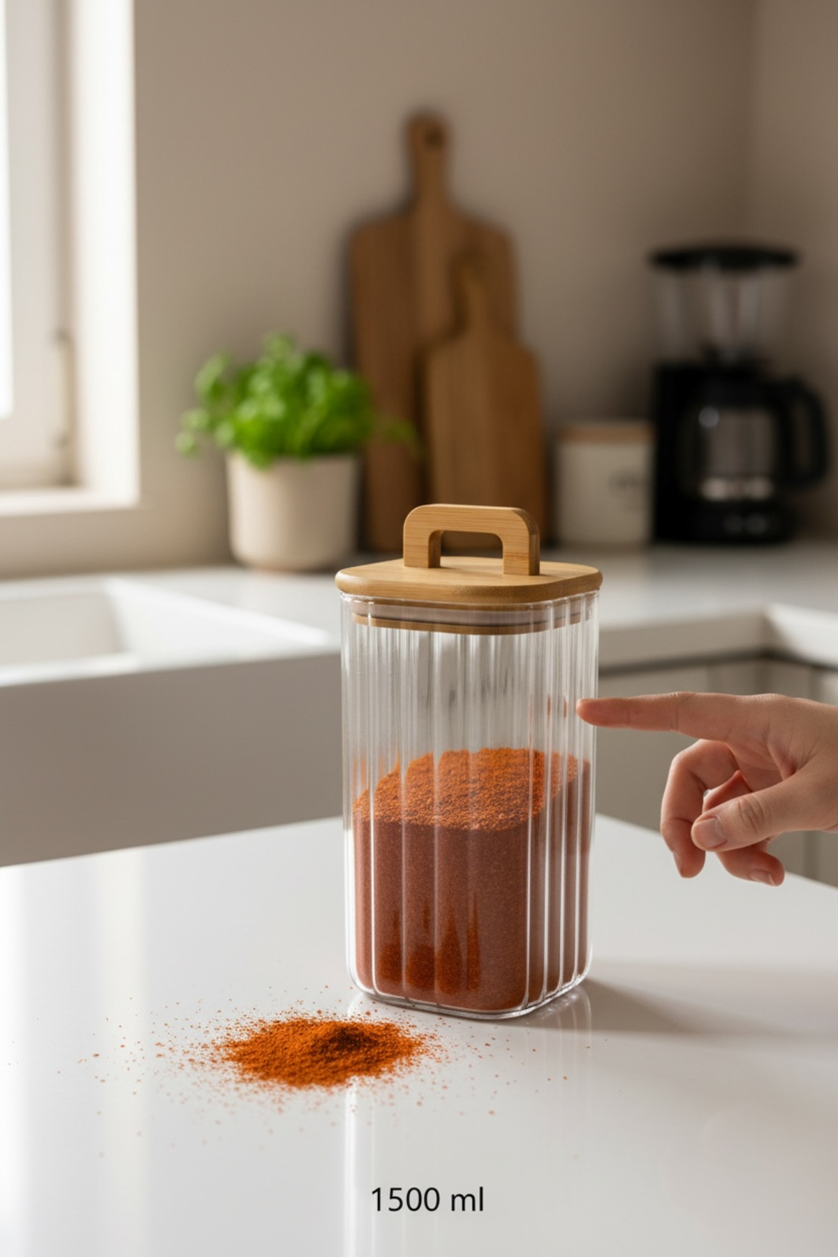 Bambu Kapaklı 1500 ml Line (Çizgili) Cam Saklama Kavanozu