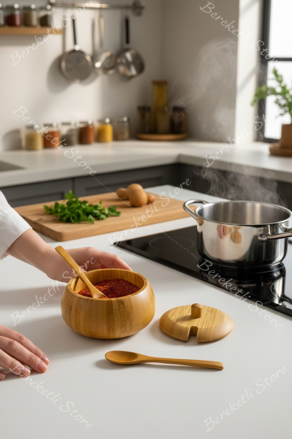 Kaşıklı Bambu Baharat Kabı – Doğal ve Sade Mutfak Tasarımı Şık Tasarım Doğal Baharat Kabı