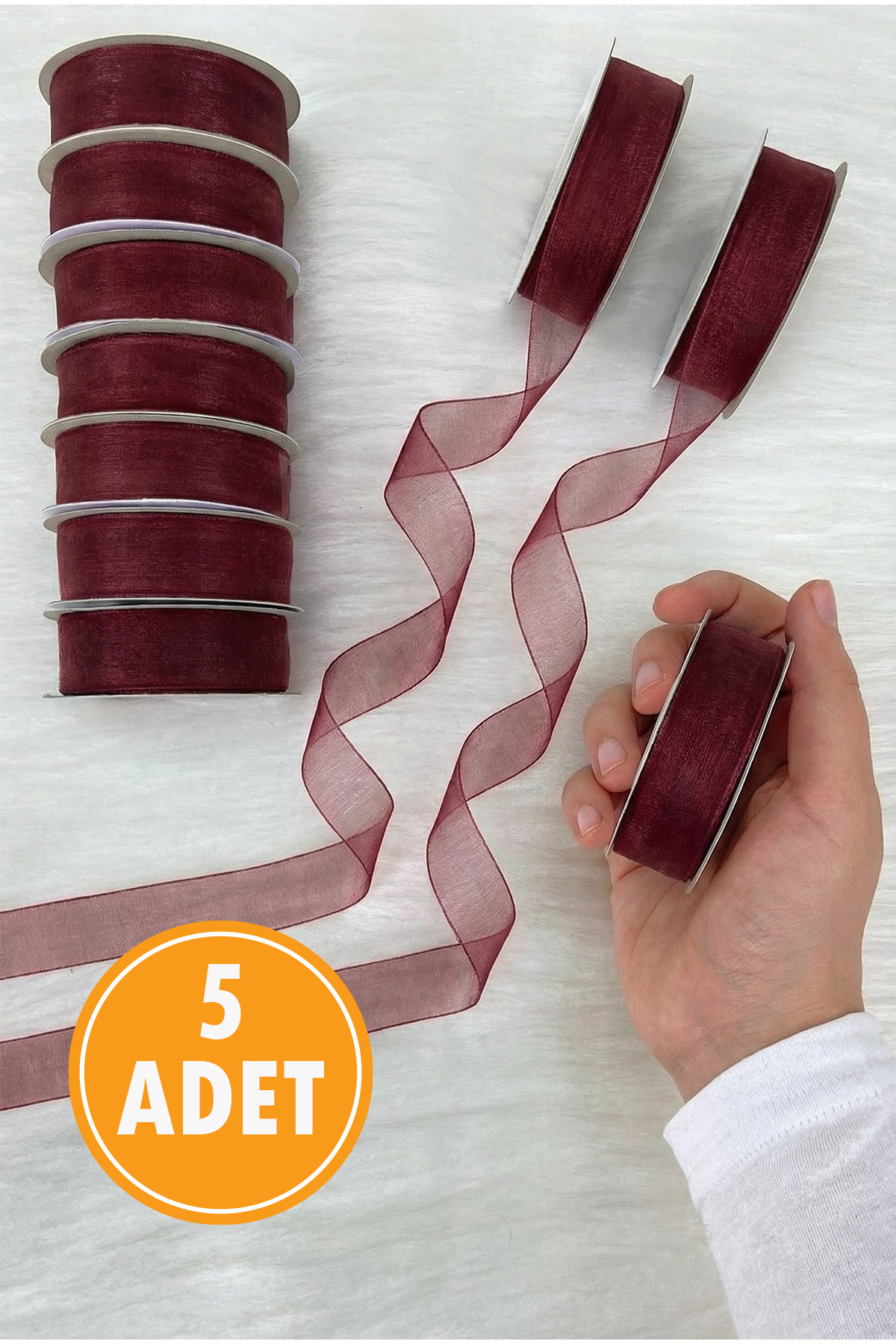 5 Organza Tulle Ribbon Burgundy 2 cm 22 mt, Bundle, Engagement, Dowry, Gift, Packaging, Decoration, Wedding