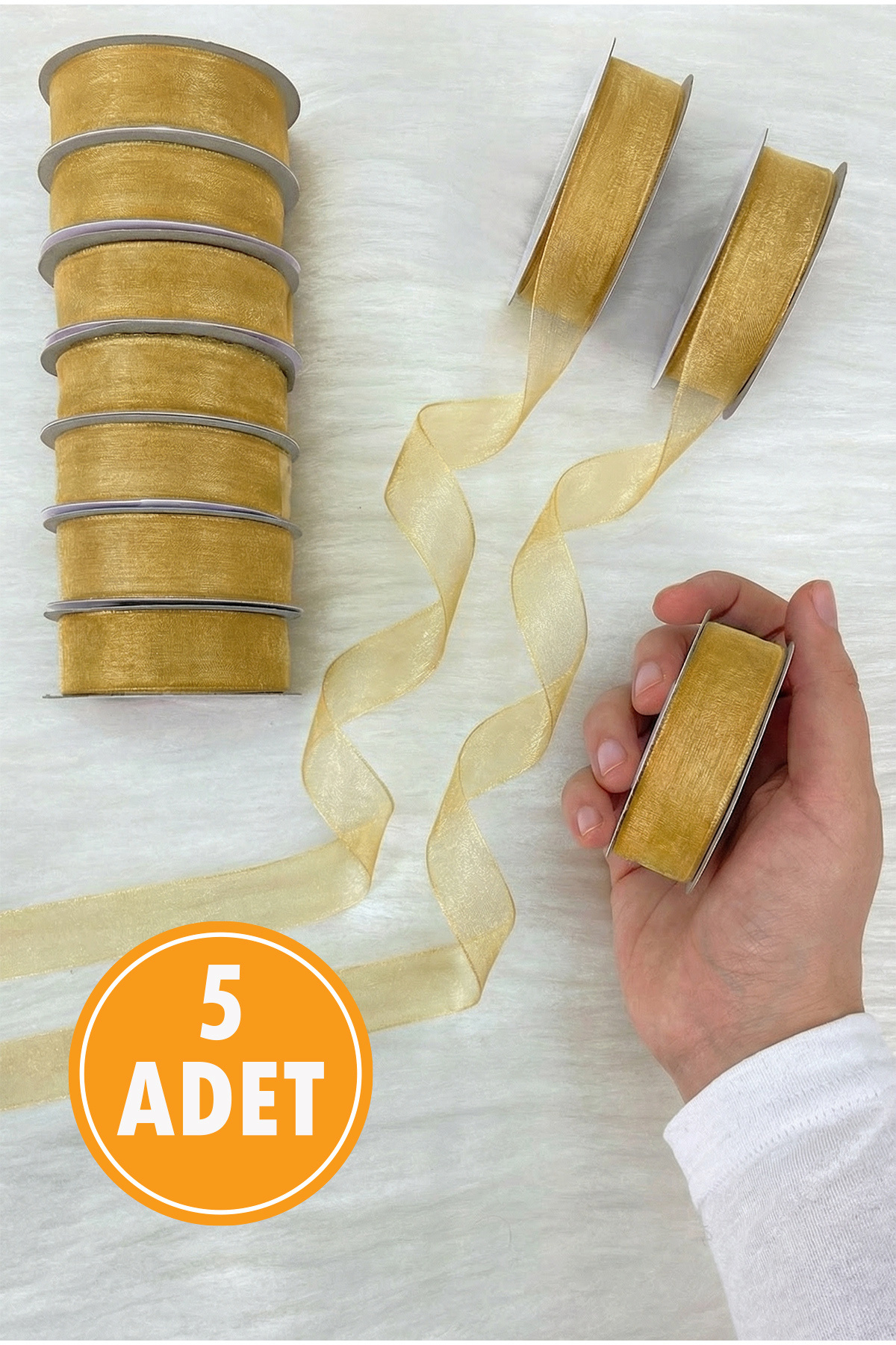 5 Organza Tulle Ribbon Gold 2 cm 22 mt, Bundle, Engagement, Dowry, Gift, Packaging, Decoration, Wedding