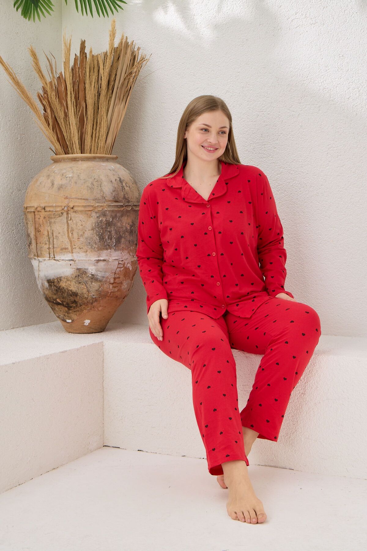 Women's Cotton Plus Size Buttoned Heart Pattern Pajamas Set