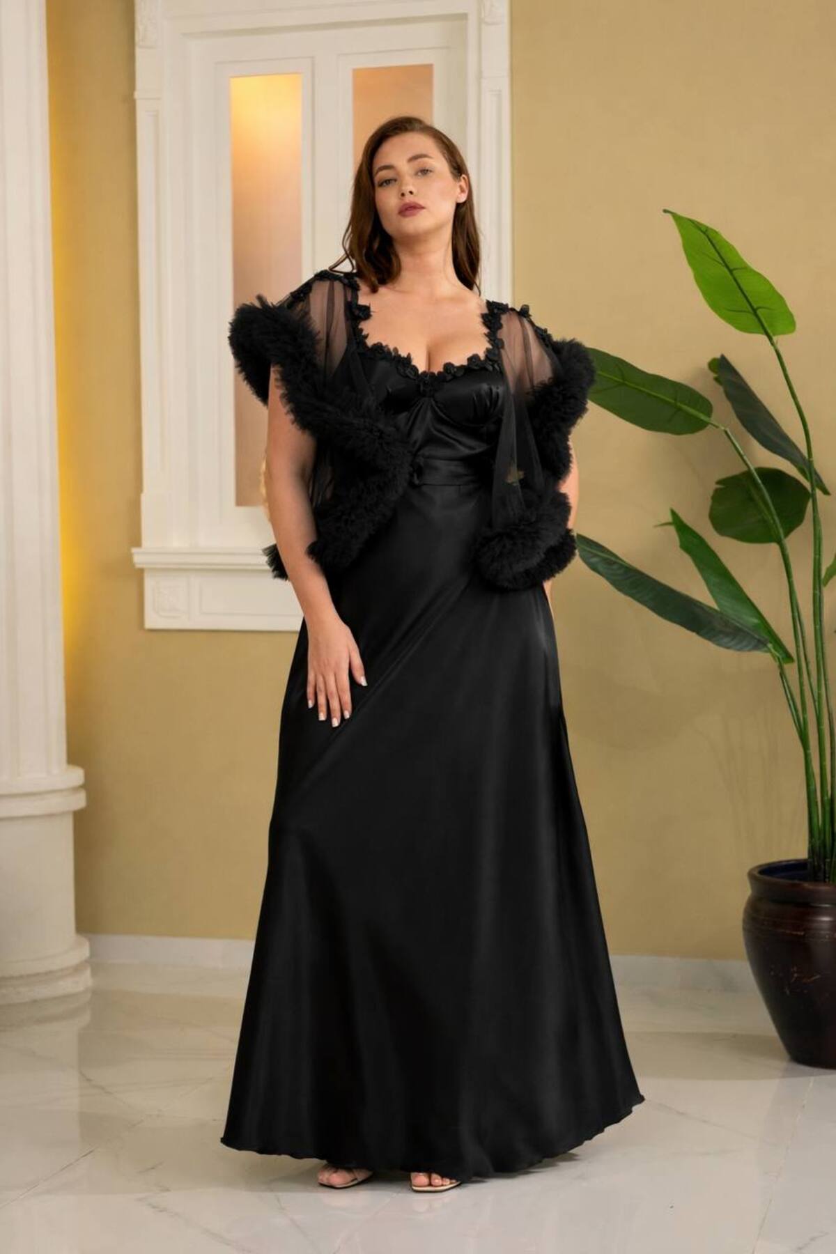 Lama Lingerie Kadın Uzun Gecelik Saten Ve Tül