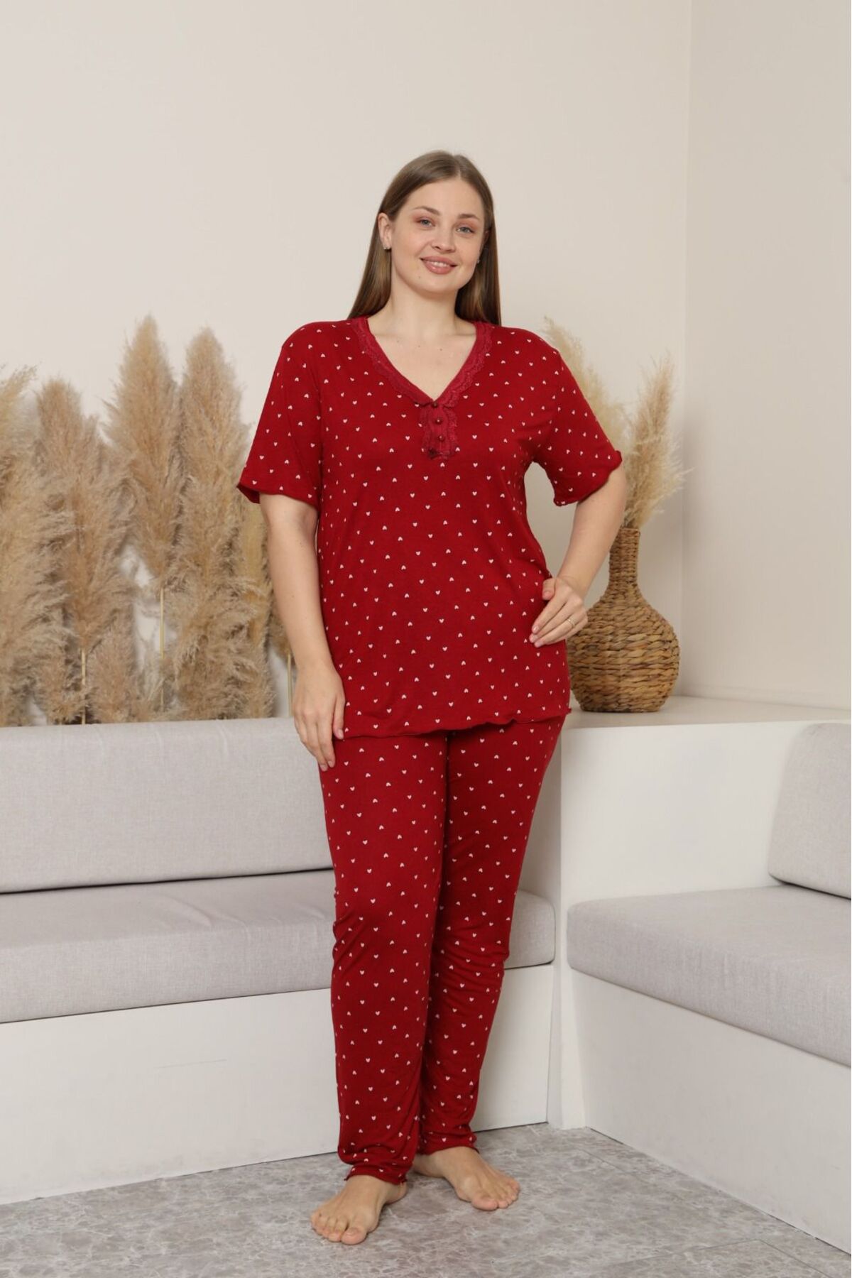 Women's Plus Size Lace Collar Short Sleeve Bamboo Fabric Pajamas Set