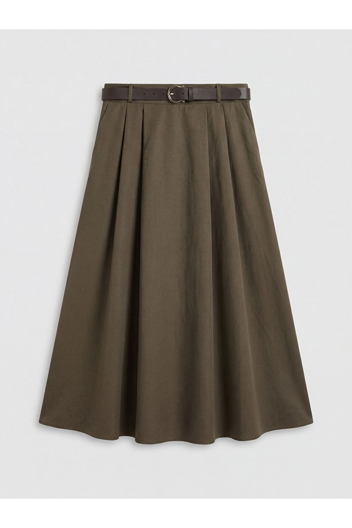 LC Waikiki  Haki Beli Fermuarlı Kemerli A Kesim Poplin Etek - Görsel 2