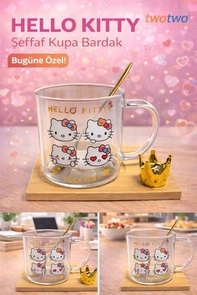 Two Two Hello Kitty Ahşap Altlıklı Kaşıklı Cam Kupa Bardak | Sevimli | Hediye...