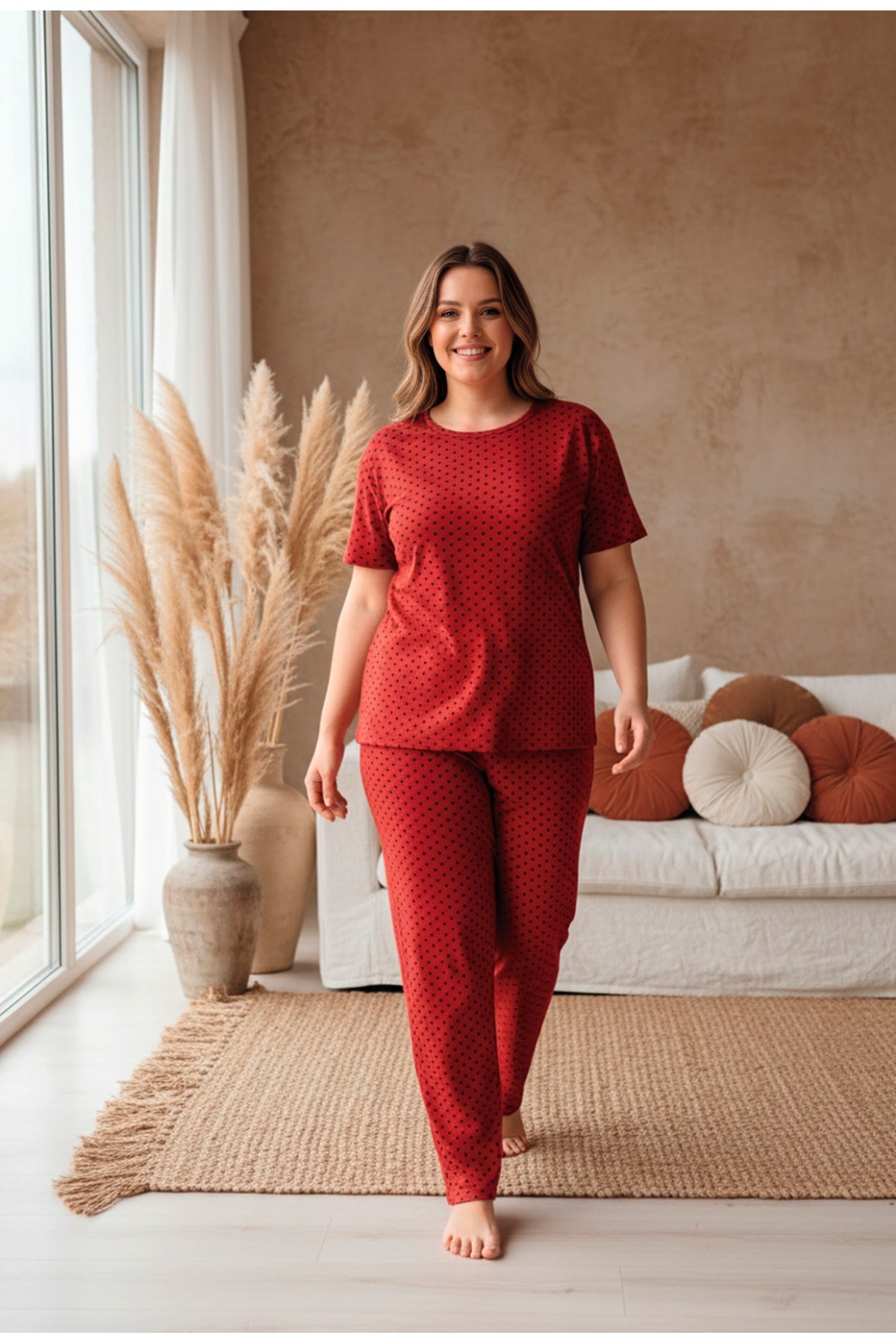 LİLA İÇ GİYİM  Baskılı Büyük Beden Battal Boy Bisiklet Yaka Kısa Kollu Örme Pijama Takımı - Görsel 2