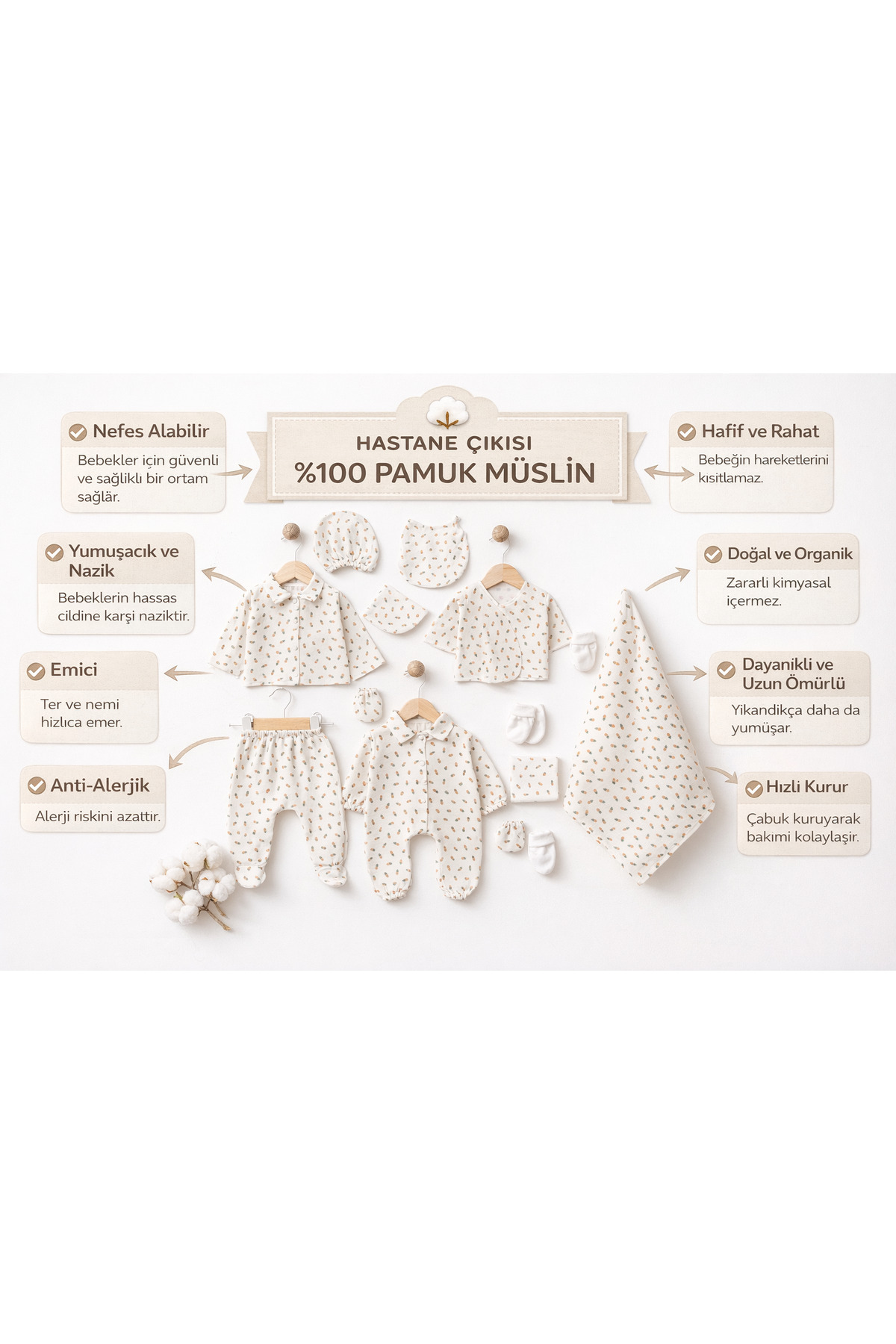tinibud GOTS Sertifikalı Ananaslı %100 Organik Pamuk Müslin Yenidoğan Hastane Çıkışı Seti Şık Hediye Paketli fotoğrafı 6 (önizleme)