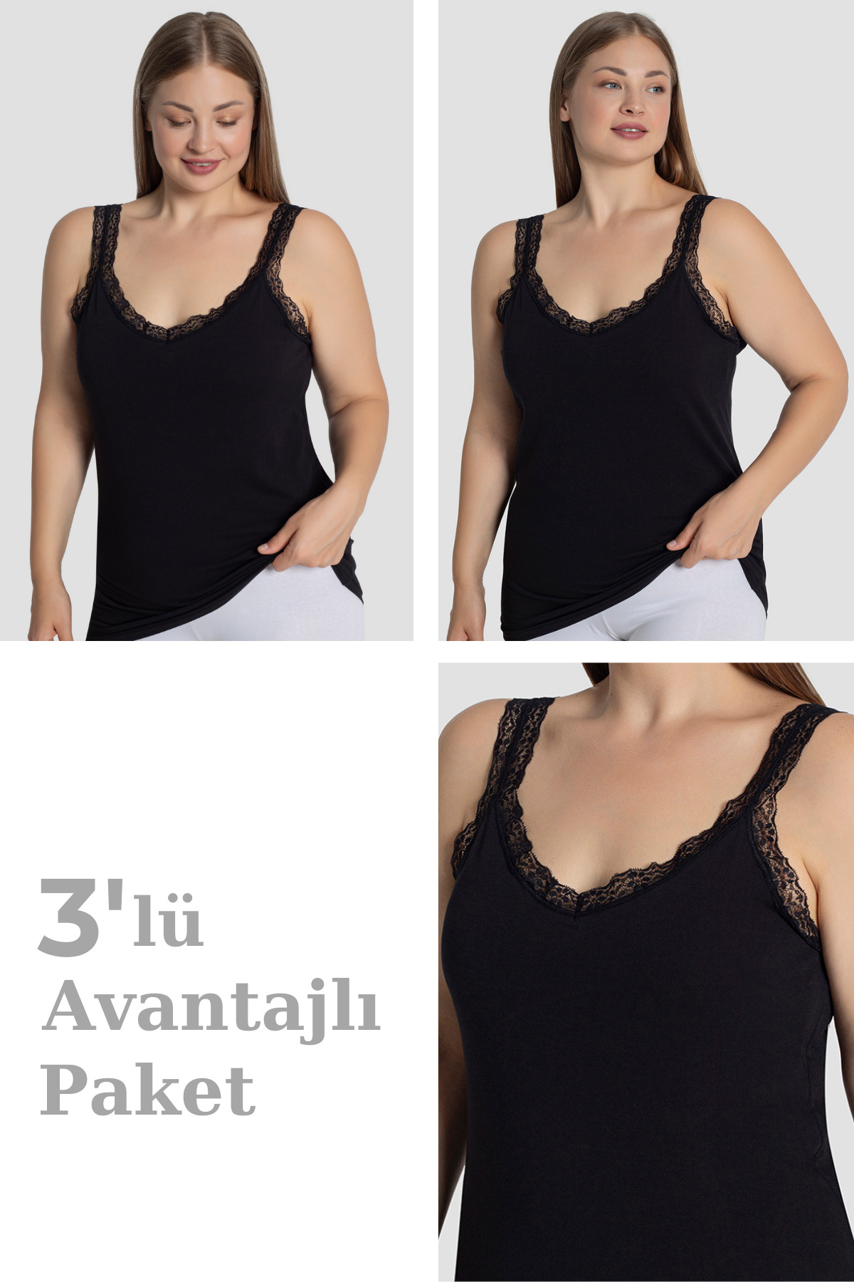 Arma Yıldız Kadın Büyük Beden Pamuklu Dantelli Atlet Esnek ve Rahat Siyah 3'lü Paket