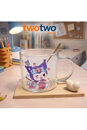 Two Two Kuromi Desenli Cam Bardak | Çocuklar İçin Eğlenceli Kupa Altlık & Kaş...