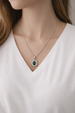 EG JEWELRY Oval Kesim Yeşil Taşlı Zirkon Çevreli Gümüş Renk Kolye
