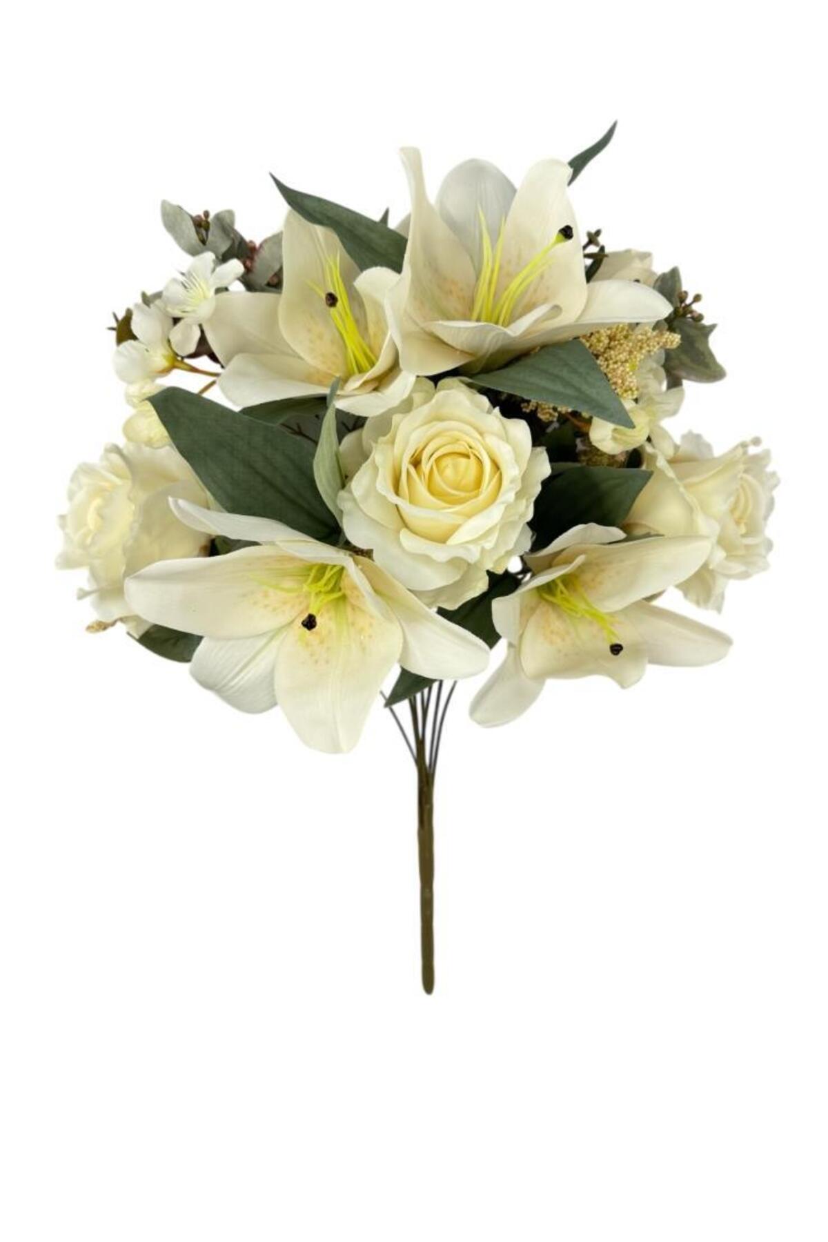 Artificial Flower Cream Color Arrangement Bundle 9Draw Bouquet Rose Lilies and Aradal Flowers 50*35cm