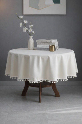 Soft Kare Keten Dokulu Ponponlu Yuvarlak Masa Örtüsü – Doğal Şık Tasarım, Mod...