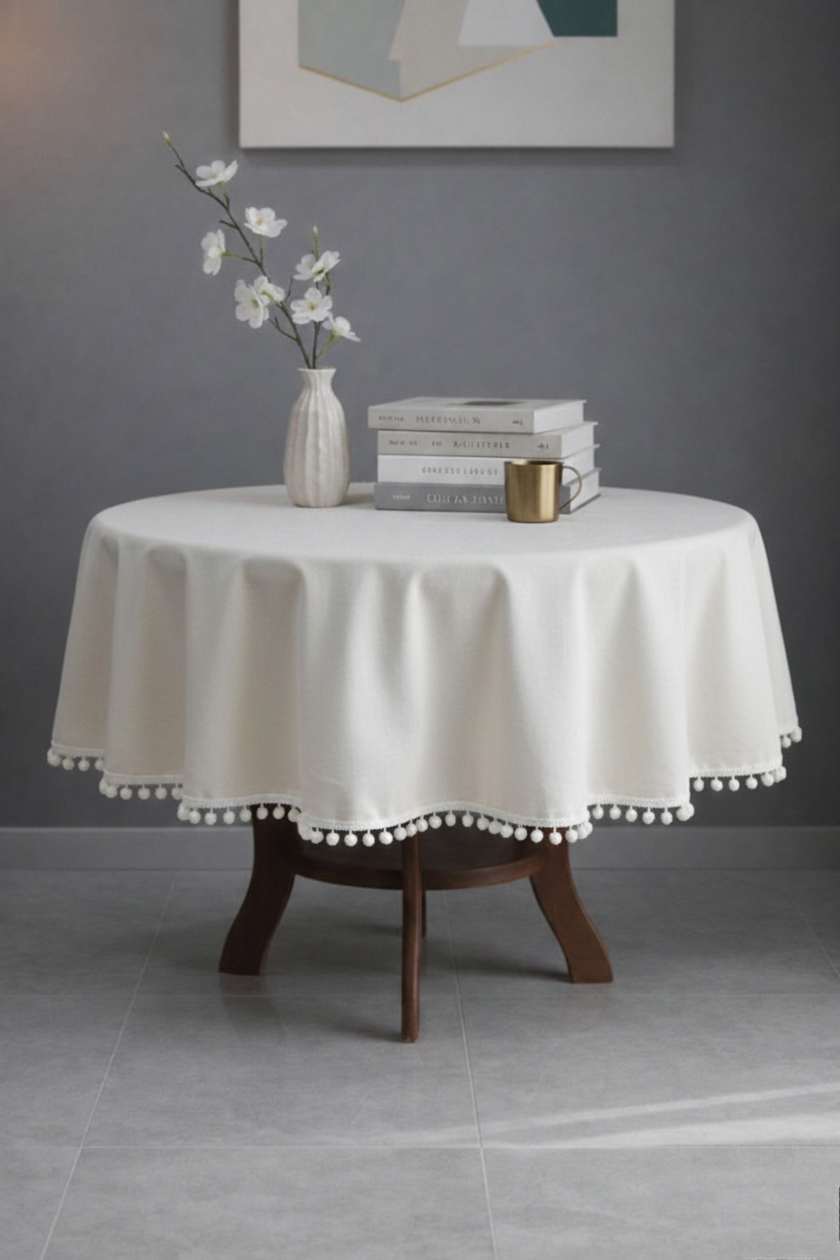 Linen Textured Pompom Round Tablecloth – Natural Stylish Design, Modern & Classic Decor Compatible
