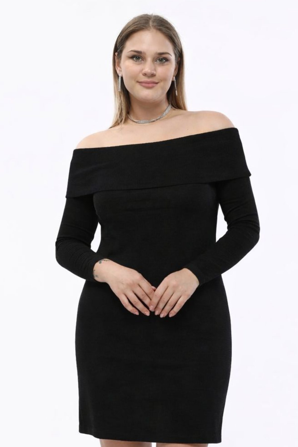 Seamoda  Büyük Beden Madonna Yaka Likralı Kaşkorse Mini Elbise-SİYAH - Görsel 6