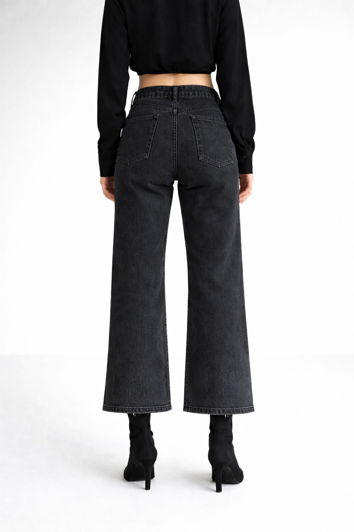 Lighter Jeans  Yüksek Bel Füme Siyah Yırtık Detaylı Püsküllü Paça Wide Leg Bol Paça Kadın Jean Pantolon - Görsel 5