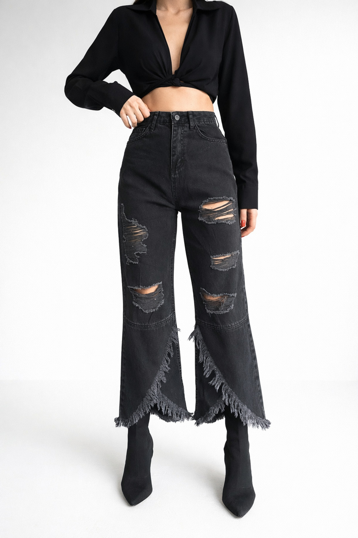 Lighter Jeans  Yüksek Bel Füme Siyah Yırtık Detaylı Püsküllü Paça Wide Leg Bol Paça Kadın Jean Pantolon