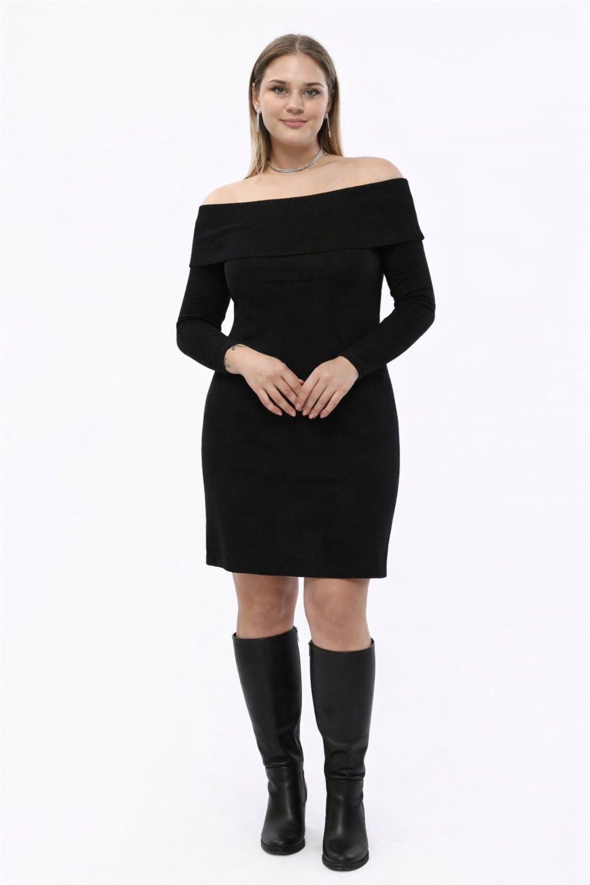 Seamoda  Büyük Beden Madonna Yaka Likralı Kaşkorse Mini Elbise-SİYAH - Görsel 4