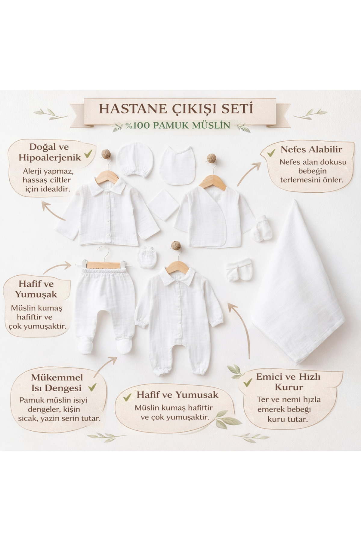 tinibud GOTS Sertifikalı Beyaz %100 Organik Pamuk Müslin Yenidoğan Hastane Çıkışı Seti Şık Hediye Paketli fotoğrafı 6 (önizleme)