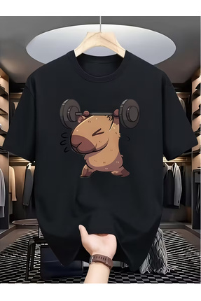 Nilvor Unisex Halter Kaldıran Capybara Ön Baskılı Özel Tasarım Oversize T-shirt