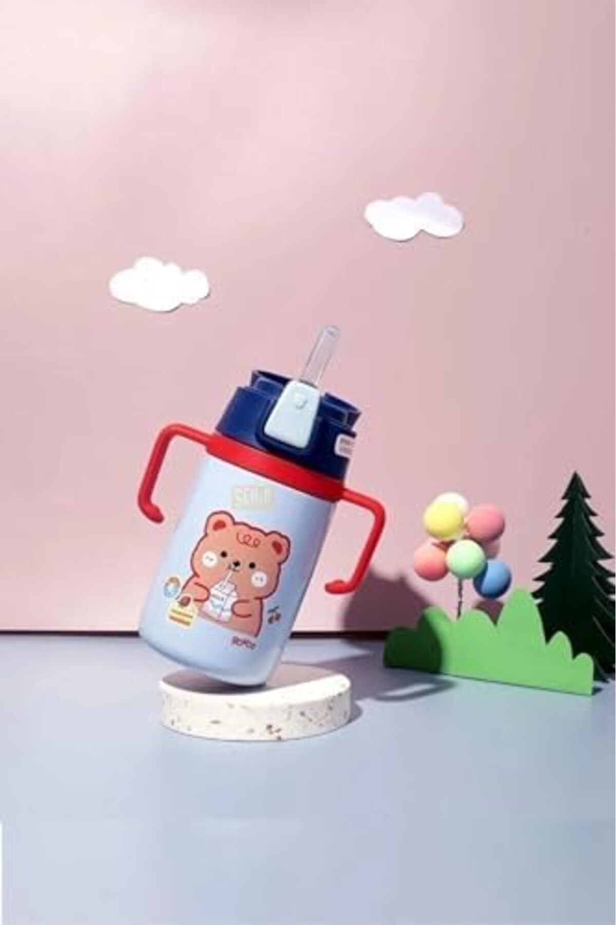 Yıldızan 400ml Silikon Pipetli Sevimli Ayıcıklı Boyun Askılı Bebek Kulplu Paslanmaz Çelik Termos (Lacivert) fotoğrafı 2 (önizleme)