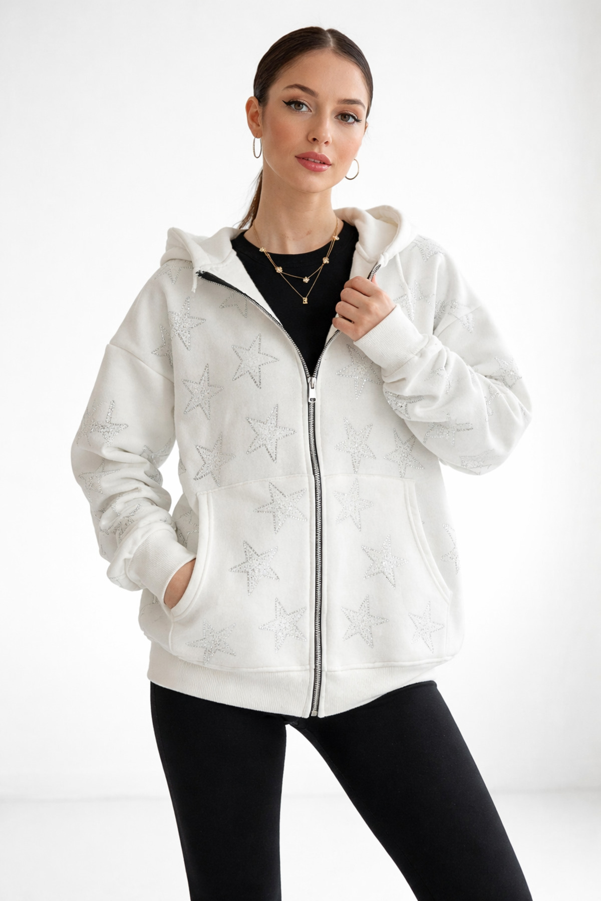 Weekeep Y2K Stil Taşlı Fermuarlı Unisex Hırka/ 3 İplik Şardonlu görsel 3