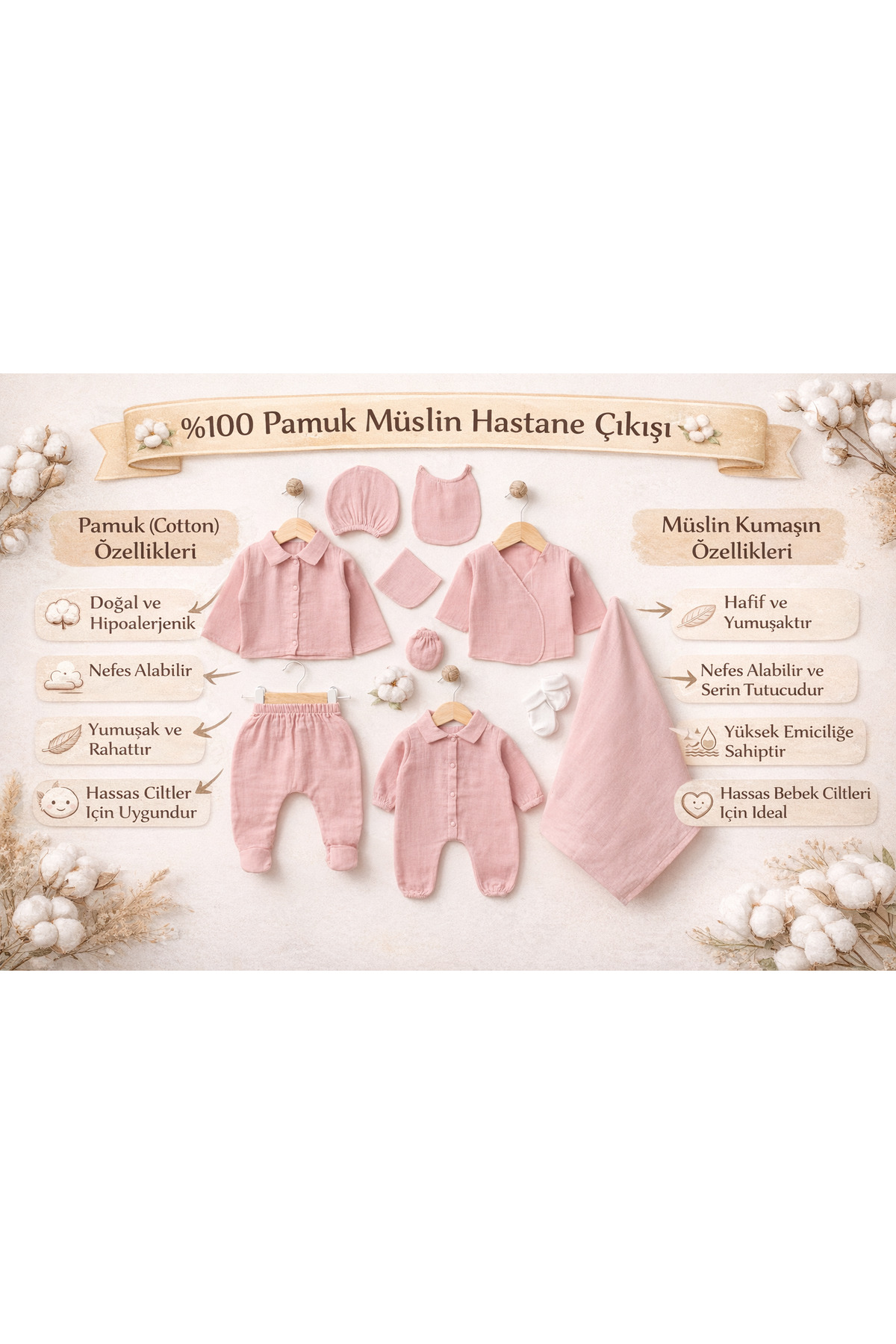 tinibud GOTS Sertifikalı Gül Kurusu %100 Organik Pamuk Müslin Yenidoğan Hastane Çıkışı Seti Şık Hediye Paket fotoğrafı 6 (önizleme)