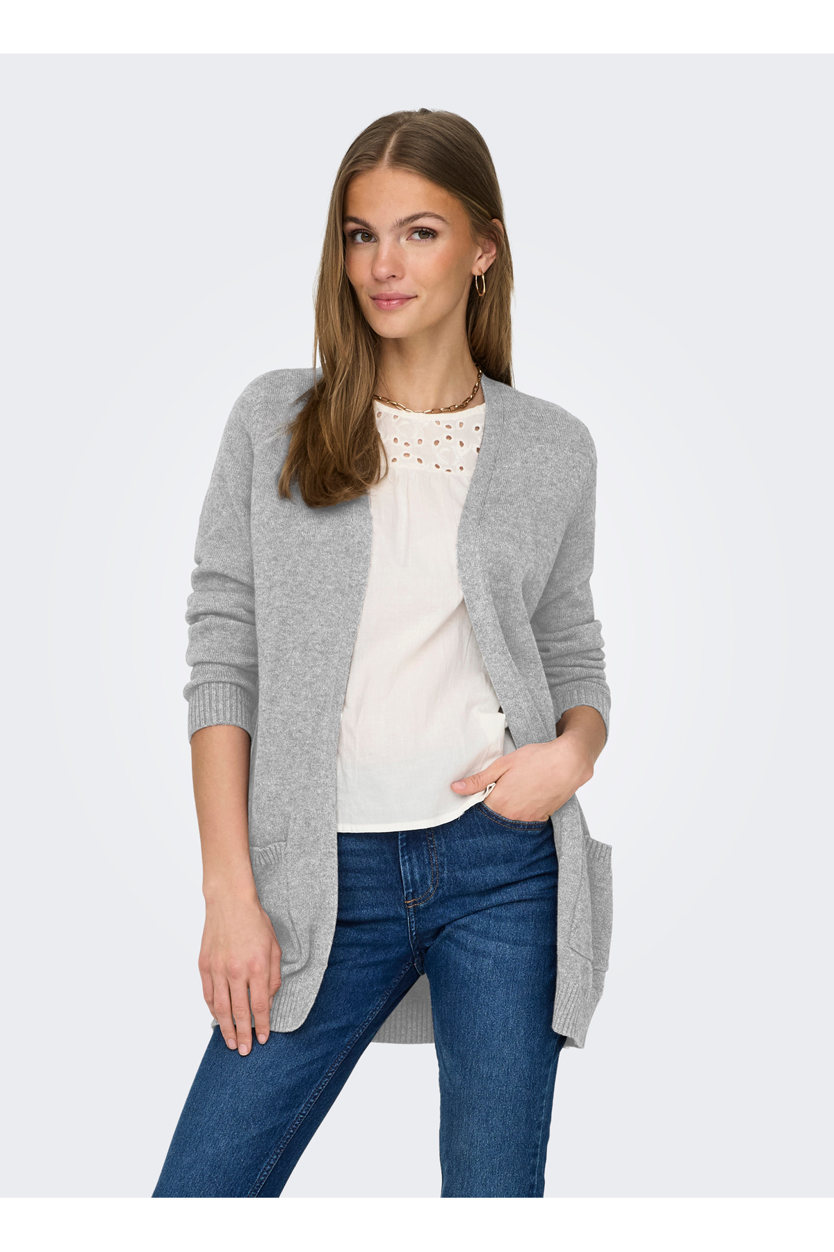 ONLY  Gri Kadın V Yaka Normal Fit Hırka ONLLESLY L/S OPEN CARDIGAN KNT NOOS