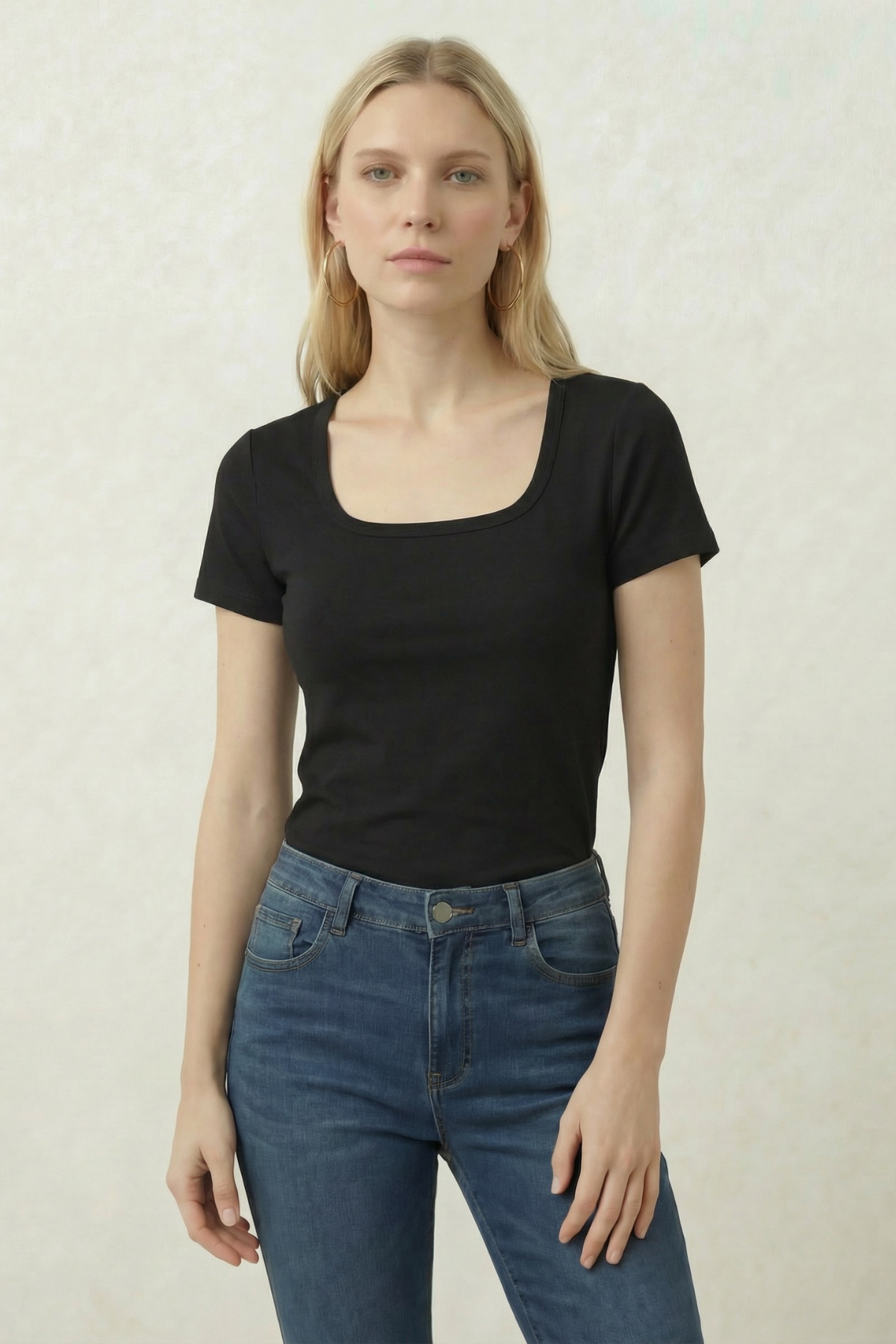 Women's Black T-Shirt U-Neck Cotton Thick Textured