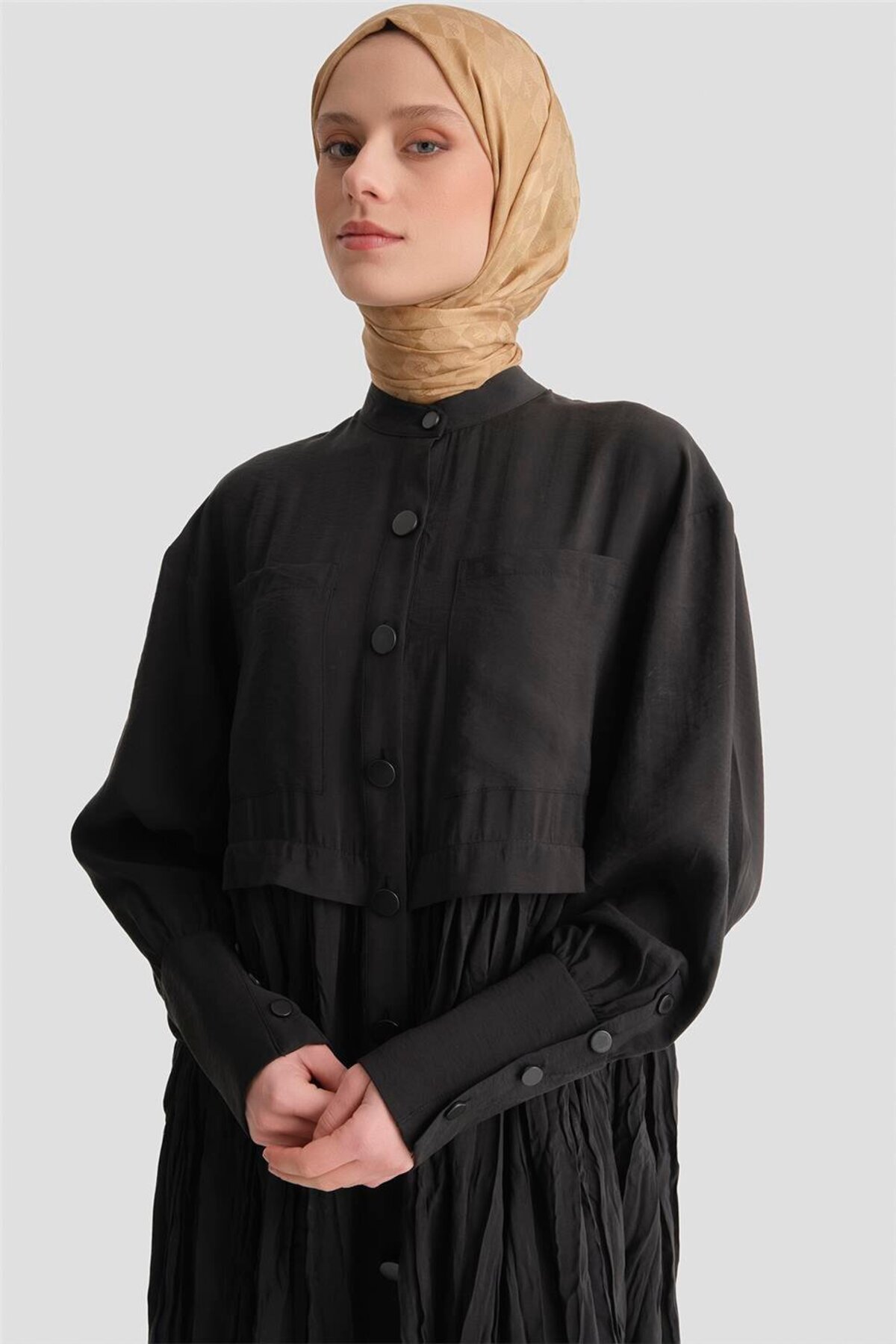 Armine  Kırışık Efektli Kupra Elbise Siyah - Görsel 4