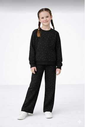 TUGSE Kız Çocuk Taş Detaylı Siyah Renk Rahat Eşofman Takım