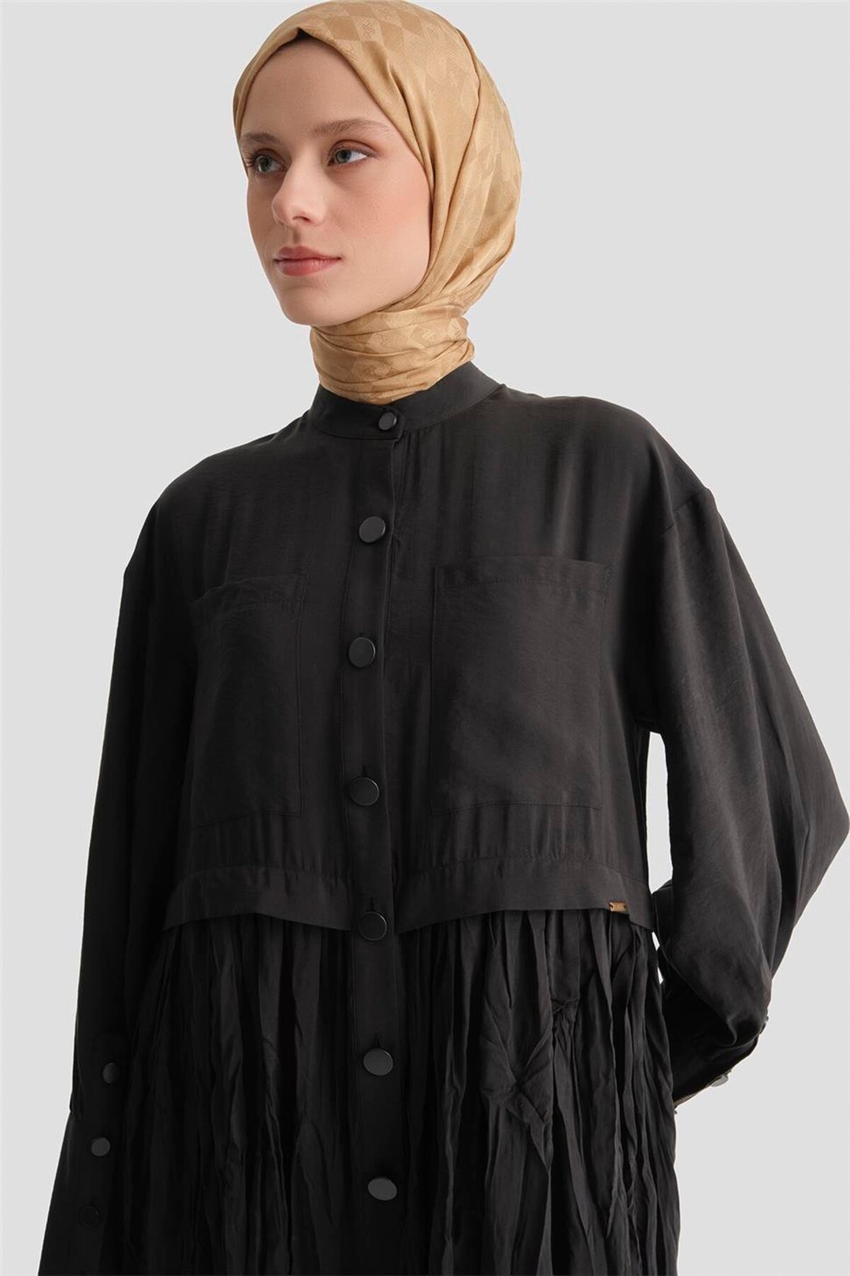 Armine  Kırışık Efektli Kupra Elbise Siyah - Görsel 2